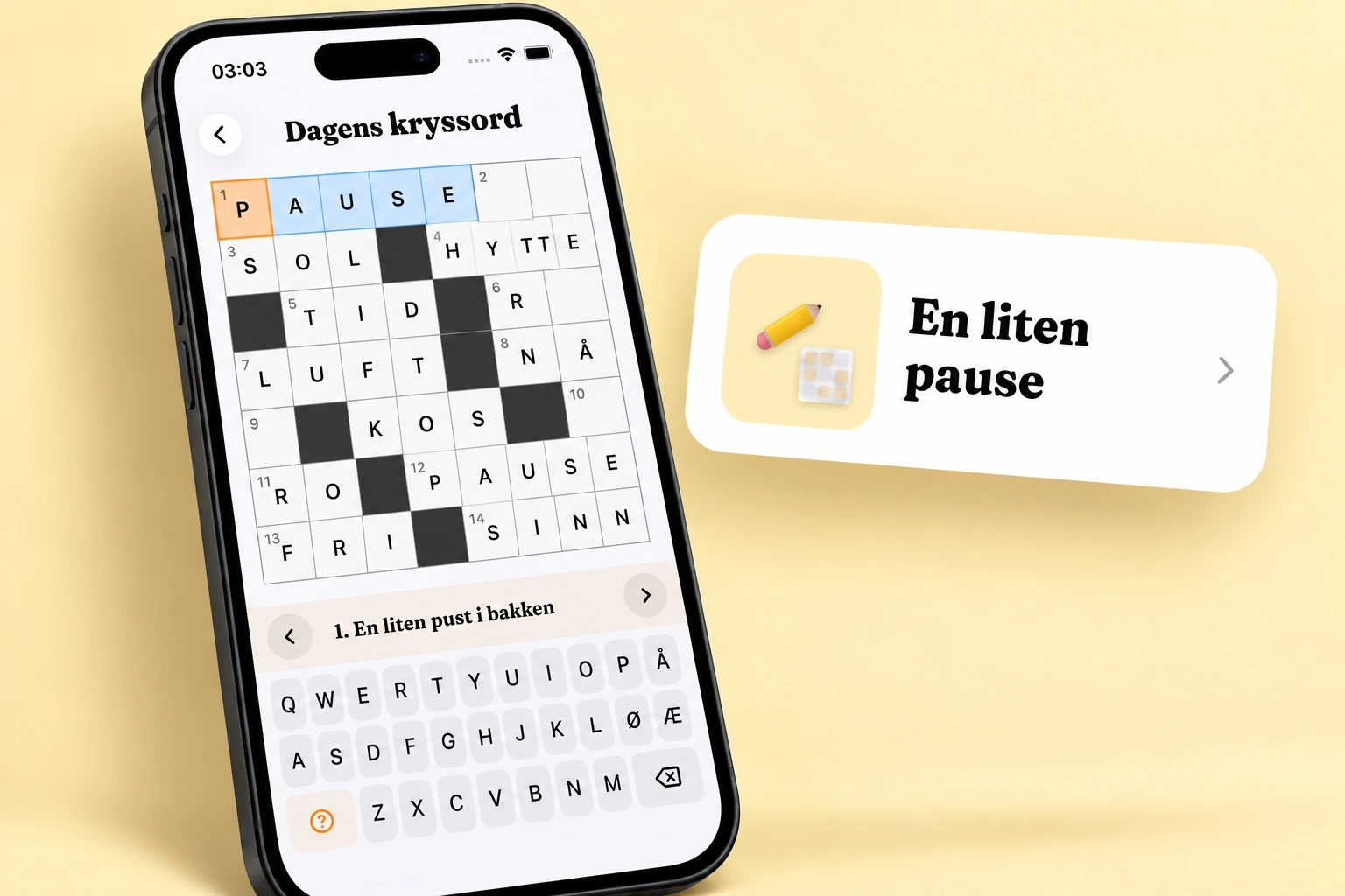 Produktvisualisering av Småkryss med et delvis løst kryssord og norsk tastatur på telefonen